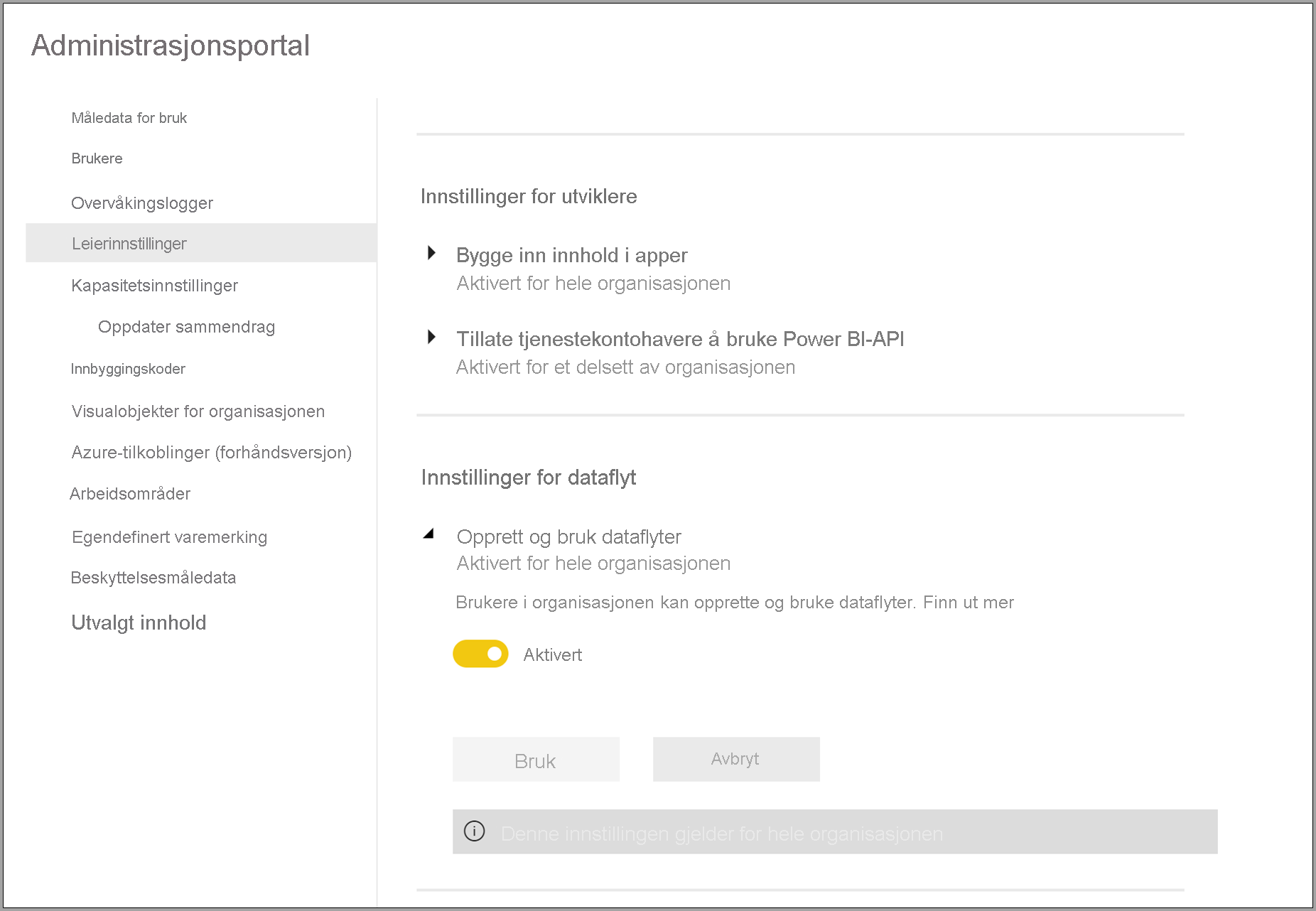 Administrasjonsportal for dataflyter i Power BI Premium