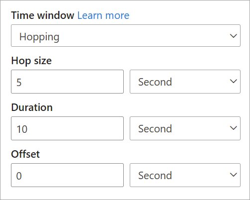 Skjermbilde som viser innstillinger for hoppstørrelse, varighet og forskyvning for et tidsvindu for hopping.