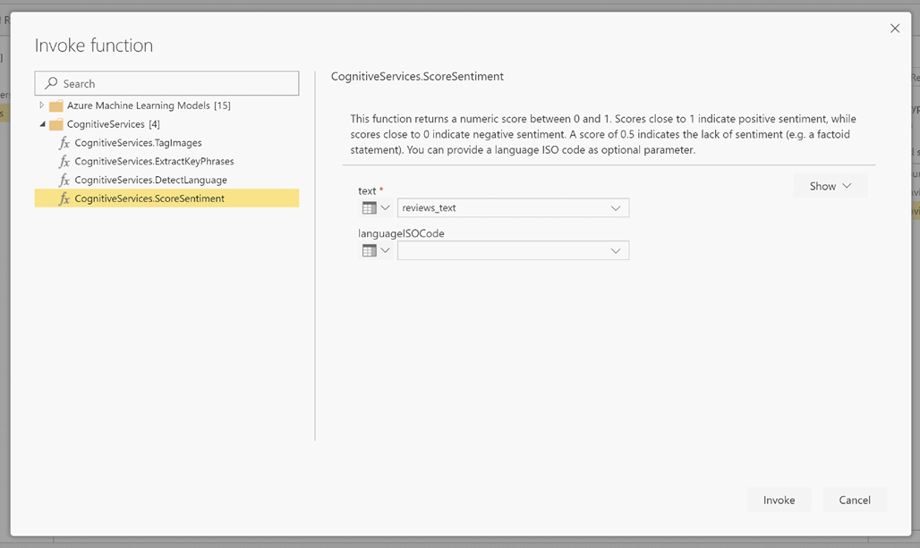 Skjermbilde av dialogboksen Aktiver funksjon som viser CognitiveServices.ScoreSentiment valgt.