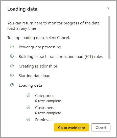 Skjermbilde av innlasting av data for et datamart.