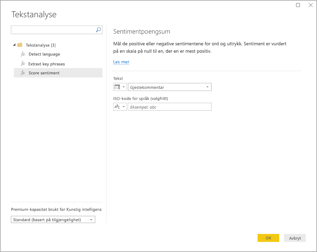 Screenshot of the Text analytics dialog box showing the Score sentiment function.