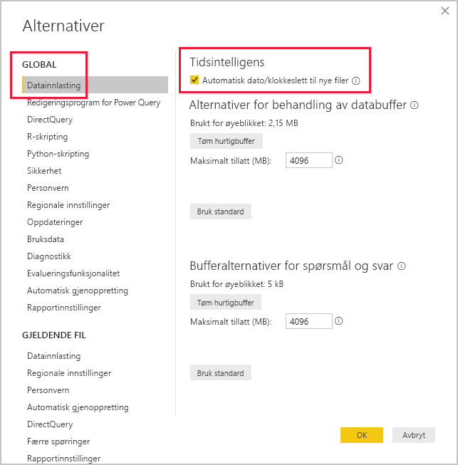 Skjermbilde av alternativer-boksen i Power BI Desktop.