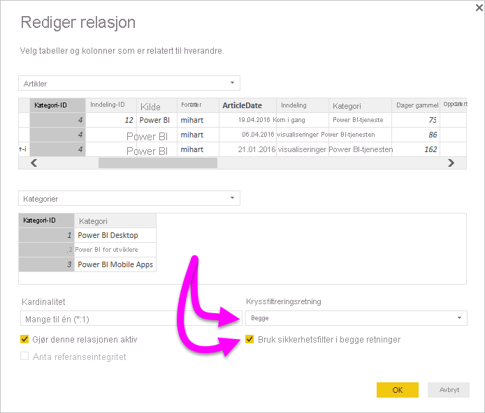 Screenshot of the Edit relationship dialog box with Cross filter direction set to both and the checkbox to Apply security filter in both directions selected.