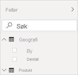 Skjermbilde av Power BI Desktop som viser Geografi-filteret i Felt-visningen.