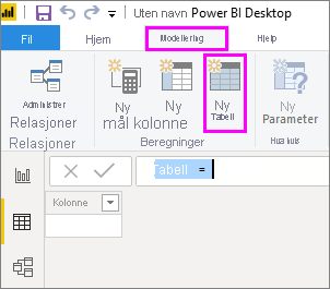 Skjermbilde av menybåndet i Power BI Desktop med Tabellverktøy, Ny tabell og Tabellvisning uthevet.