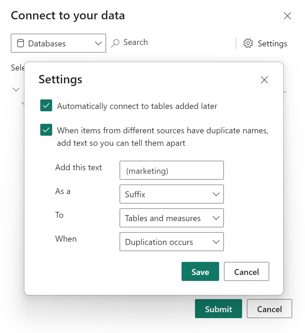 Dialogboks som gjør det mulig å angi deduplication-regler som skal brukes når du laster inn fra en semantisk modell.