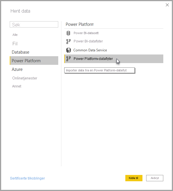 Skjermbilde av dataflyter som er valgt i Power Platform-fanen på Hent data-skjermen.