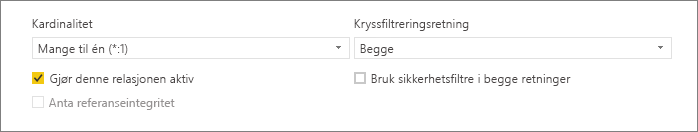 Skjermbilde av den nedre delen av dialogboksen Opprett relasjon som viser alternativer for kardinalitet og kryssfiltreringsretning.