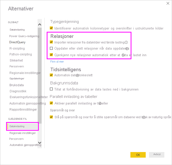 Skjermbilde av Alternativer-boksen som viser Relasjoner-innstillingene på fanen Datainnlasting.