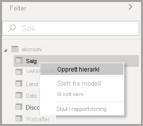 Skjermbilde av den opprinnelige hurtigmenyen for et felt i Power BI Desktop.