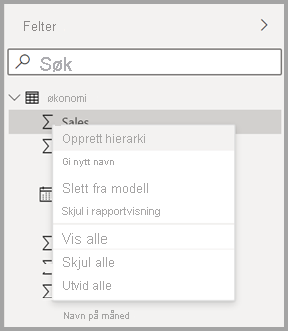 Skjermbilde av den nye hurtigmenyen for et felt i Power BI Desktop.