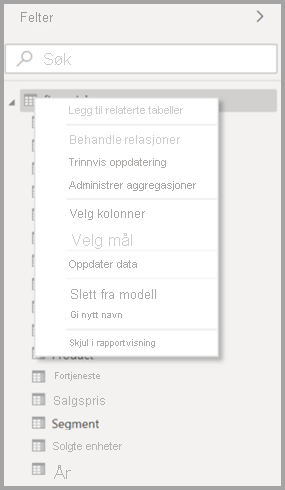 Skjermbilde av den opprinnelige hurtigmenyen for en tabell i Power BI Desktop.