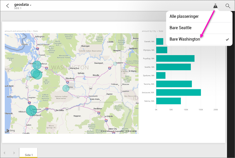 Skjermbilde av en rapport i Power BI-appen som uthever det geografiske filteret.