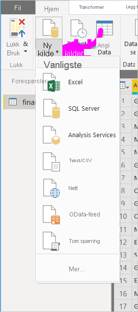 Skjermbilde av Power BI Desktop som viser Ny kilde-knappen.