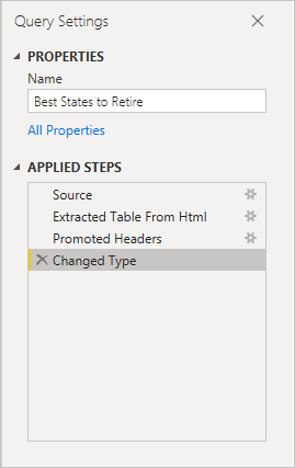 Skjermbilde av Power BI Desktop som viser spørringsinnstillinger i ruten til høyre.