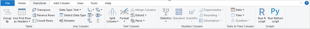 Skjermbilde av Power BI Desktop som viser Transformer-fanen.