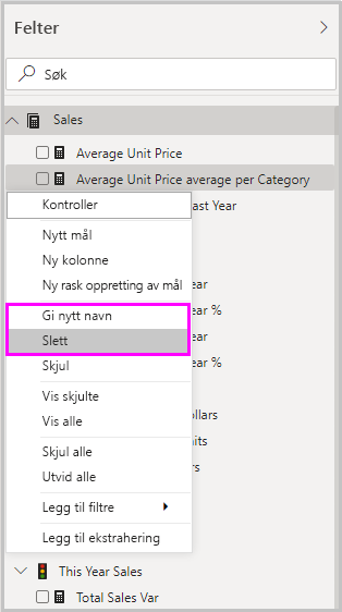 Skjermbilde av alternativene sletter og gir nytt navn til et raskt mål i en rullegardinmeny.