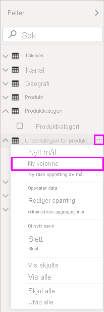 Skjermbilde av Ny kolonne i rullegardinmenyen.