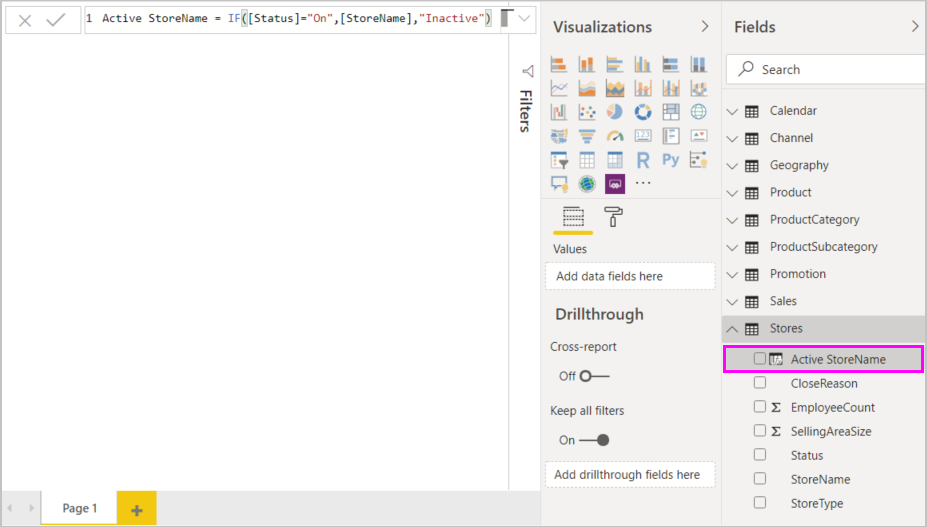 Skjermbilde av den fullførte formelen og Active StoreName-kolonnen som er lagt til i Felter-ruten.