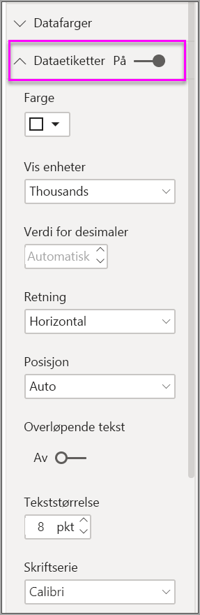 Skjermbilde som viser formateringsalternativer for dataetiketter i Power BI.