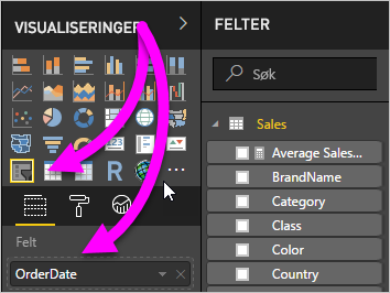 Skjermbilde av Visualiseringer-ruten med slicervisualobjektikonet og feltet godt fremhevet.