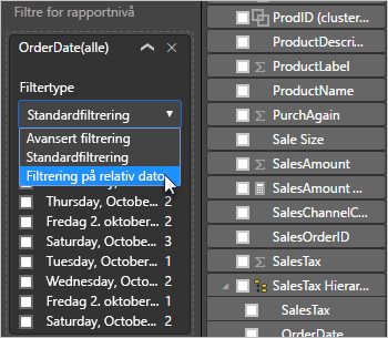 Skjermbilde som viser alternativet Relativ dato uthevet i rullegardinlisten Filtertype.