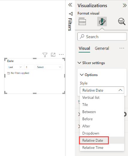 Skjermbilde av slicervisualobjektet med Format-ruten og den relative datoen valgt.