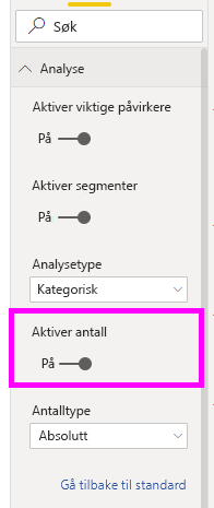 Skjermbilde av glidebryteren for aktivering av antall i Format-ruten.