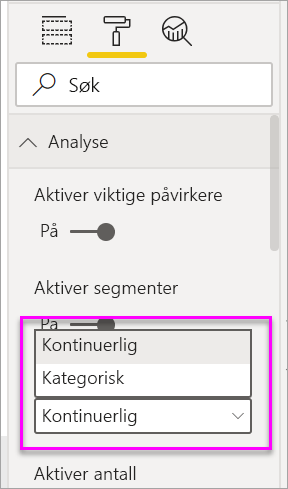 Skjermbilde av rullegardinmenyen for å endre fra kategorisk til kontinuerlig.