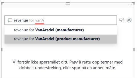 Skjermbilde av Spørsmål og svar-feltet med ukjente ord understreket i rødt og foreslåtte spørsmål fra Power BI.