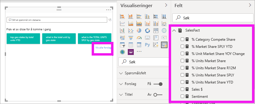 Skjermbilde som viser rapportlerretet med alle forslag synlige og noen av datarutefeltene utvidet.