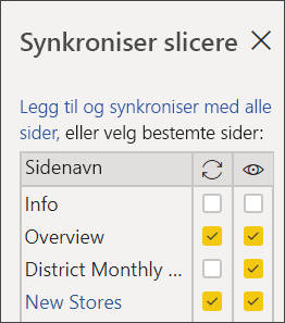 Skjermbilde av Velg sider i Synkroniser slicere.