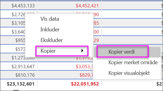 Skjermbilde som viser hvordan du kopierer en celleverdi som skal brukes i andre programmer.