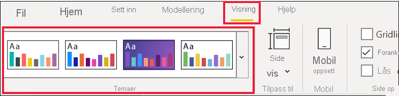 Skjermbilde av temaalternativer under Vis-menyen.