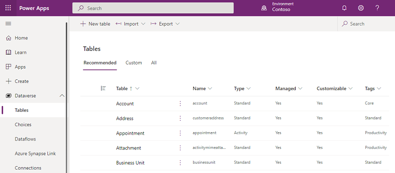 Liste over Power Apps-tabeller.