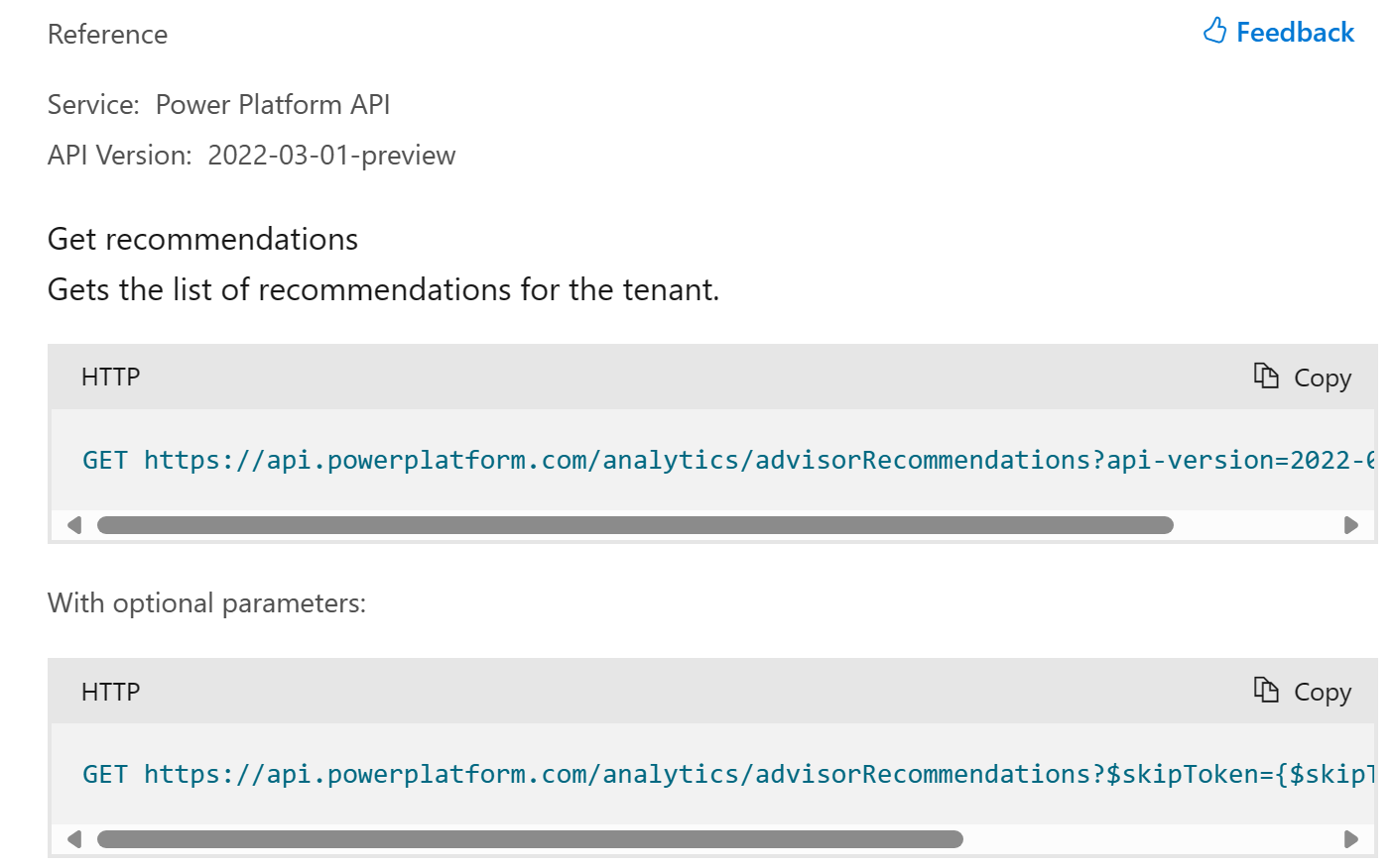 Viser en referanseside for RESTful API med valgfrie querystring-parametere.