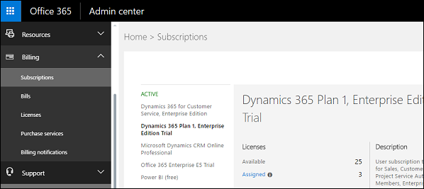 Abonnementer i Microsoft 365-administrasjonssenteret.