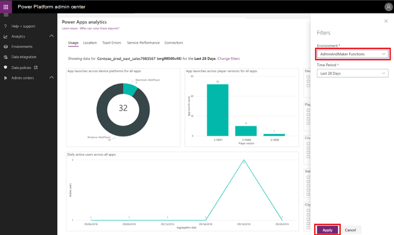 Endre miljøer i Power Apps-analyse.