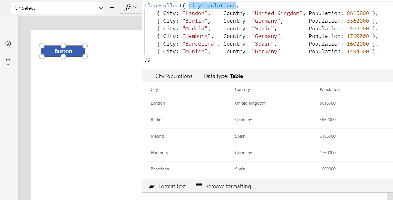 CityPopulations-samling i resultatvisning.