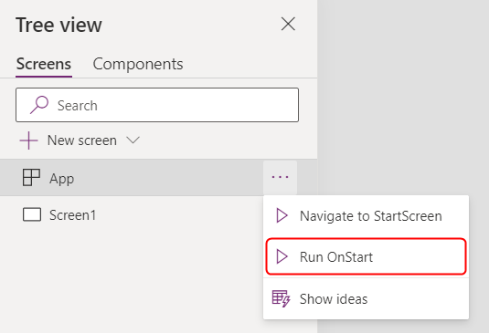 Hurtigmeny for appelement for Kjør OnStart