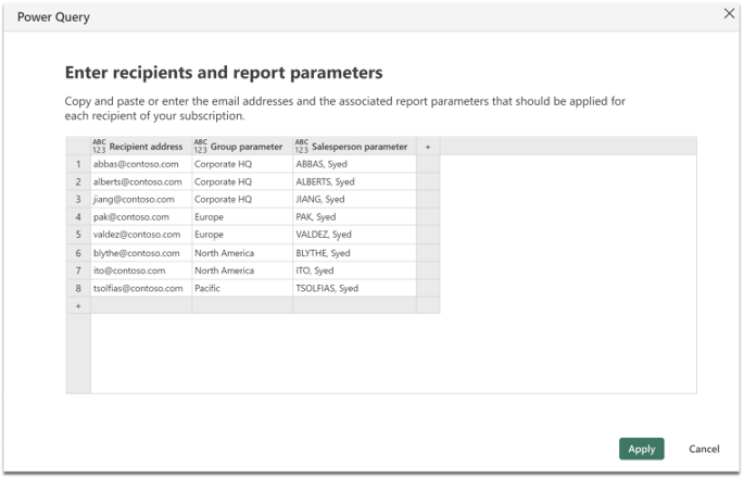 Skjermbilde av tabell med mottakers e-postadresser og sideformaterte rapportparametere