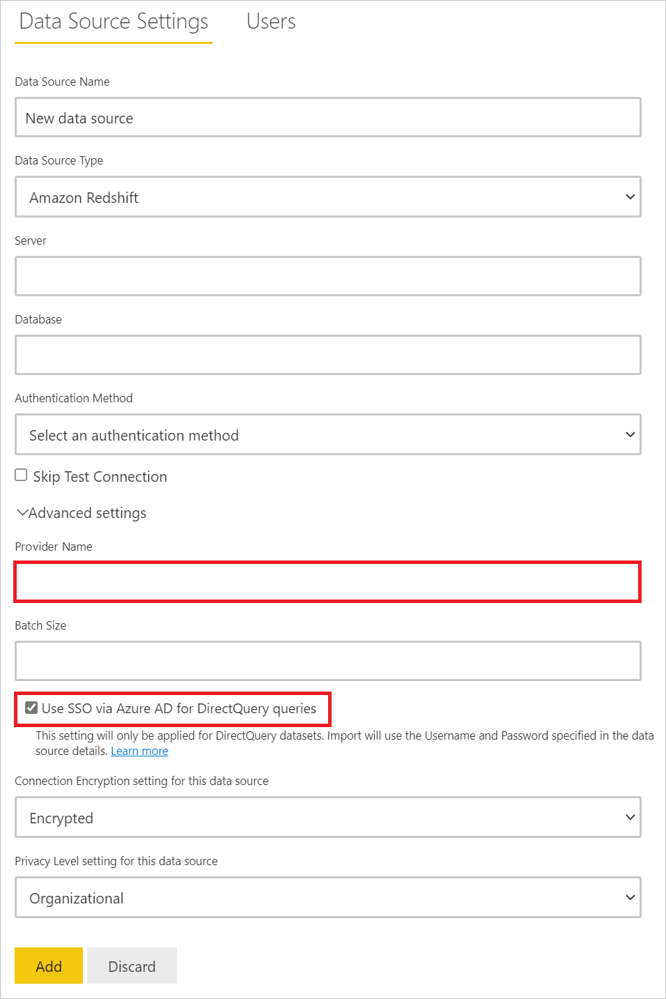 Bilde av fanen Innstillinger for datakilde med Leverandørnavn og Bruk SSO via Azure AD for DirectQuery-spørringer med avanserte innstillinger fremhevet.