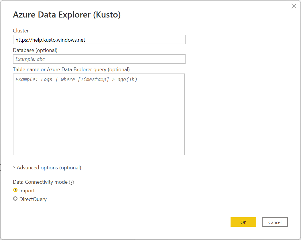 Skjermbilde av dialogboksen Azure Data Explorer (Kusto) med nettadressen for klyngen angitt.