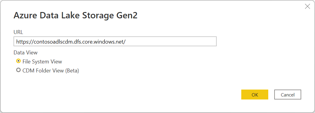 Skjermbilde av dialogboksen Azure Data Lake Storage Gen2, der nettadressen er angitt.