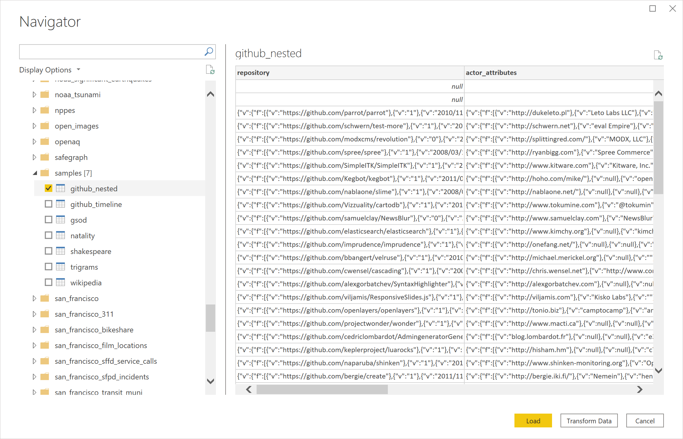 Støtte for Google BigQuery Nested Fields.