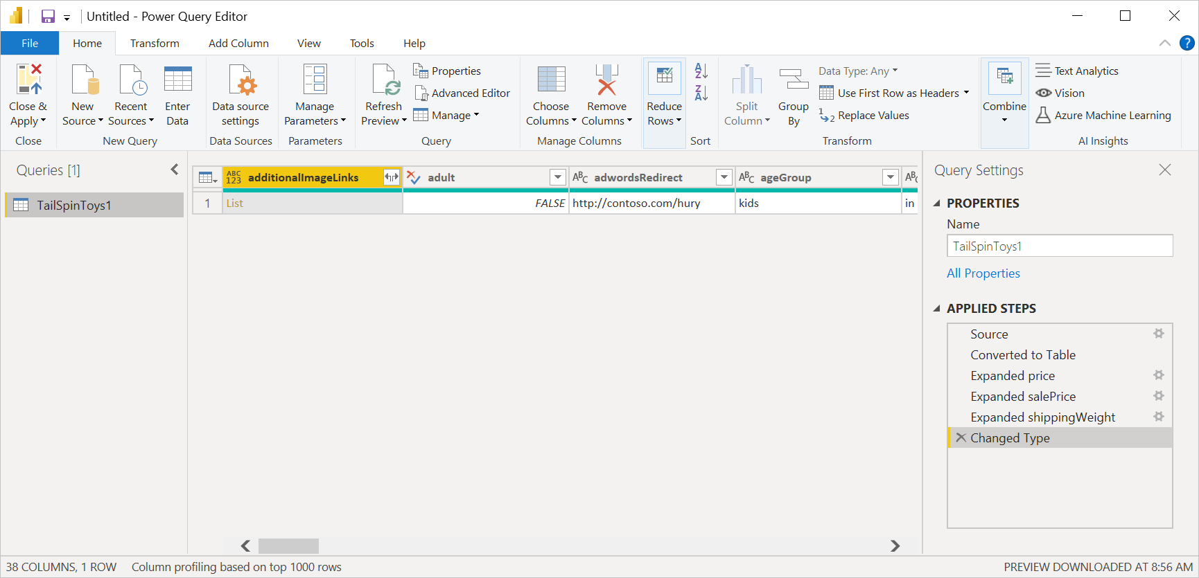 Bilde av Redigeringsprogrammet for Power Query med JSON-dataene flatet ut i en tabell.