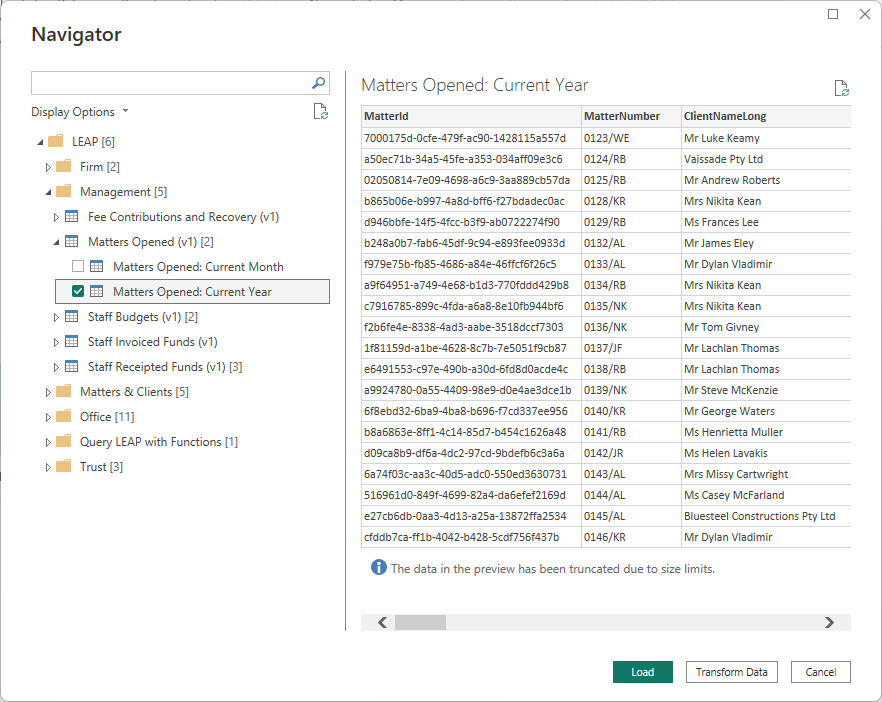 Power Query Navigator viser LEAP-data.