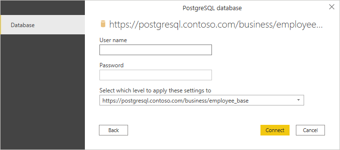 Skriv inn postgreSQL-brukernavnet og passordet.