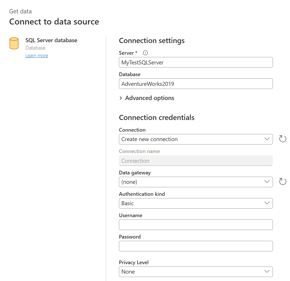 Skjermbilde av tilkoblingsinnstillingene og tilkoblingslegitimasjonen for en datatilkobling.