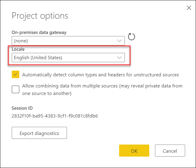 Innstillinger for nasjonal innstilling i Power Query Online.